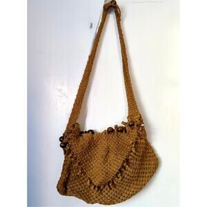 Vintage 70s Brown Natural Jute Macrame Wood Bead Handbag Purse Boho Shoulder Bag